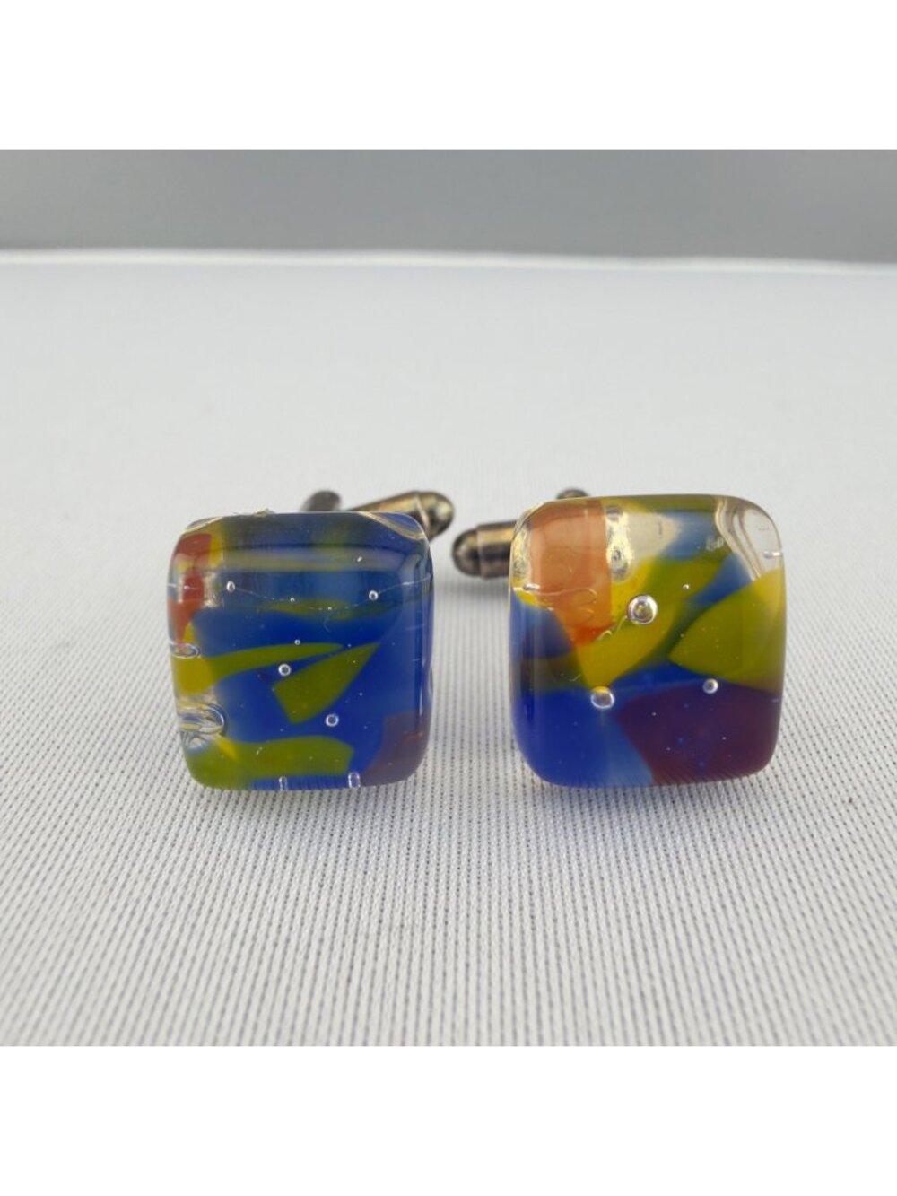 Handmade Multicolor Glass Cufflinks Vintage Abstract Design Square Shape